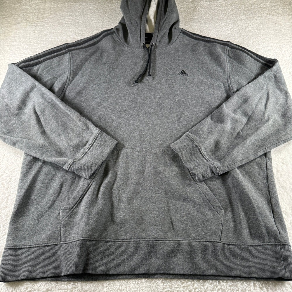 Y2K Adidas Striped Solid Hoodie Boxy Fit Gray Black Logo Men's XL Clean Pullover